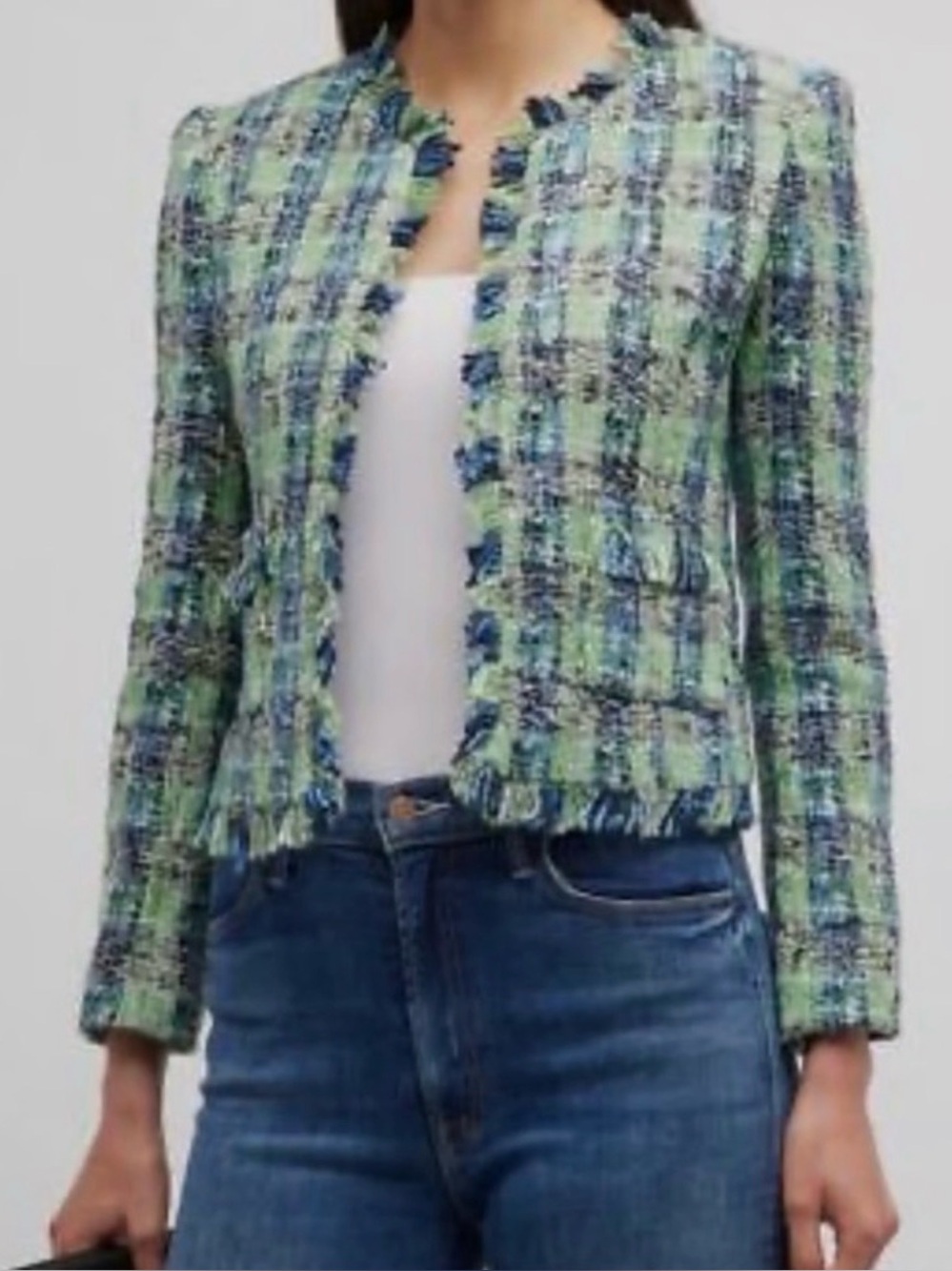 L'Agence Angelina Green and Blue Plaid Open Jacket with Fringe NWOT